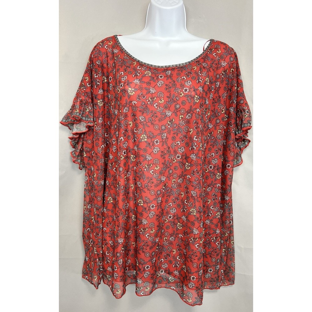 Max Studio Tunic Mesh Lined Blouse Ruffle Sleeve Floral Top Red Plus Sz 3X NWT‎